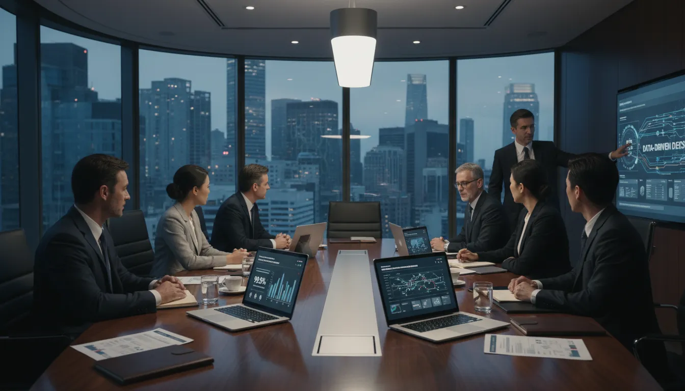 Executivos analisando relatórios de gestão de conectividade e telemetria em ambiente corporativo moderno.