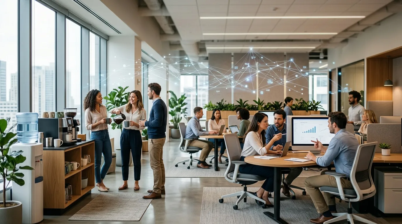 Ambiente corporativo integrado que promove conexão entre diferentes departamentos.
