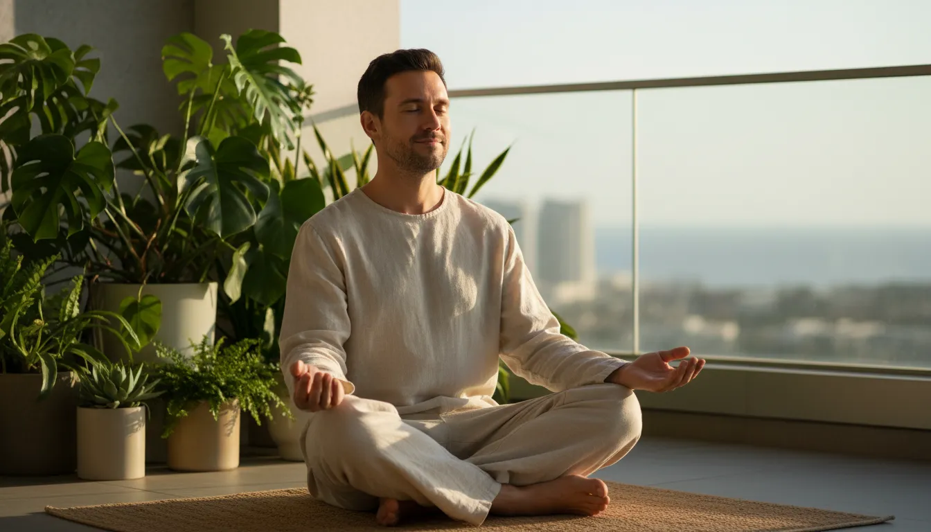 Homem meditando em ambiente tranquilo, representando o cuidado proativo com a saúde mental masculina e bem-estar.