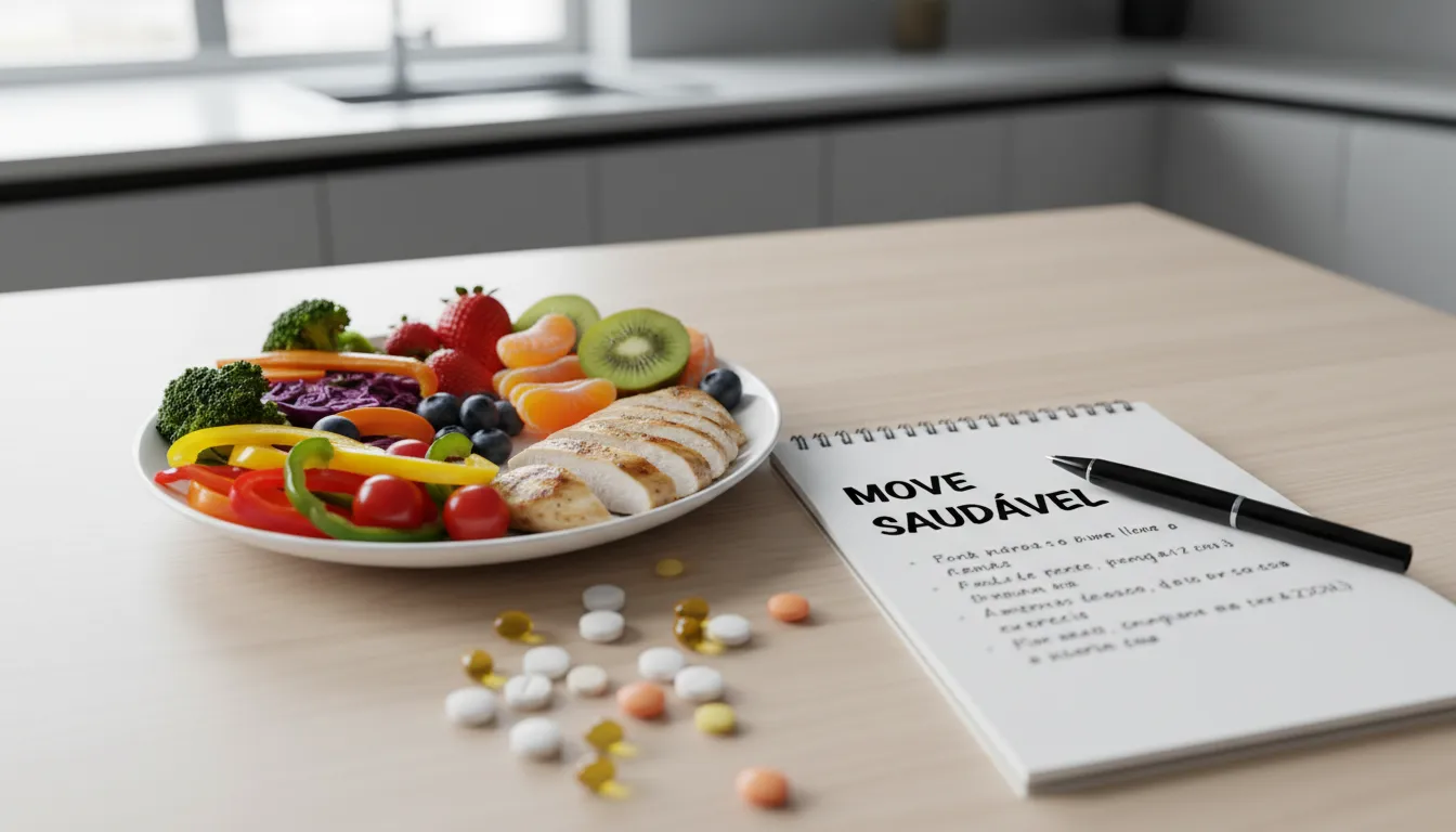 Prato balanceado com multivitamínico e um caderno, ilustrando a importância de uma dieta saudável e se o multivitamínico vale a pena como complemento.
