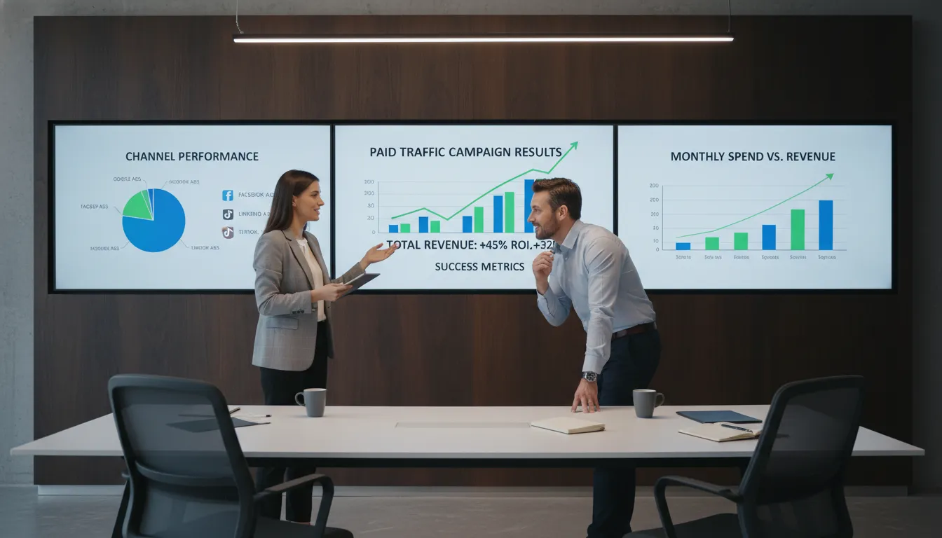Profissionais revisando resultados de campanhas de tráfego pago com gráficos de sucesso ao fundo