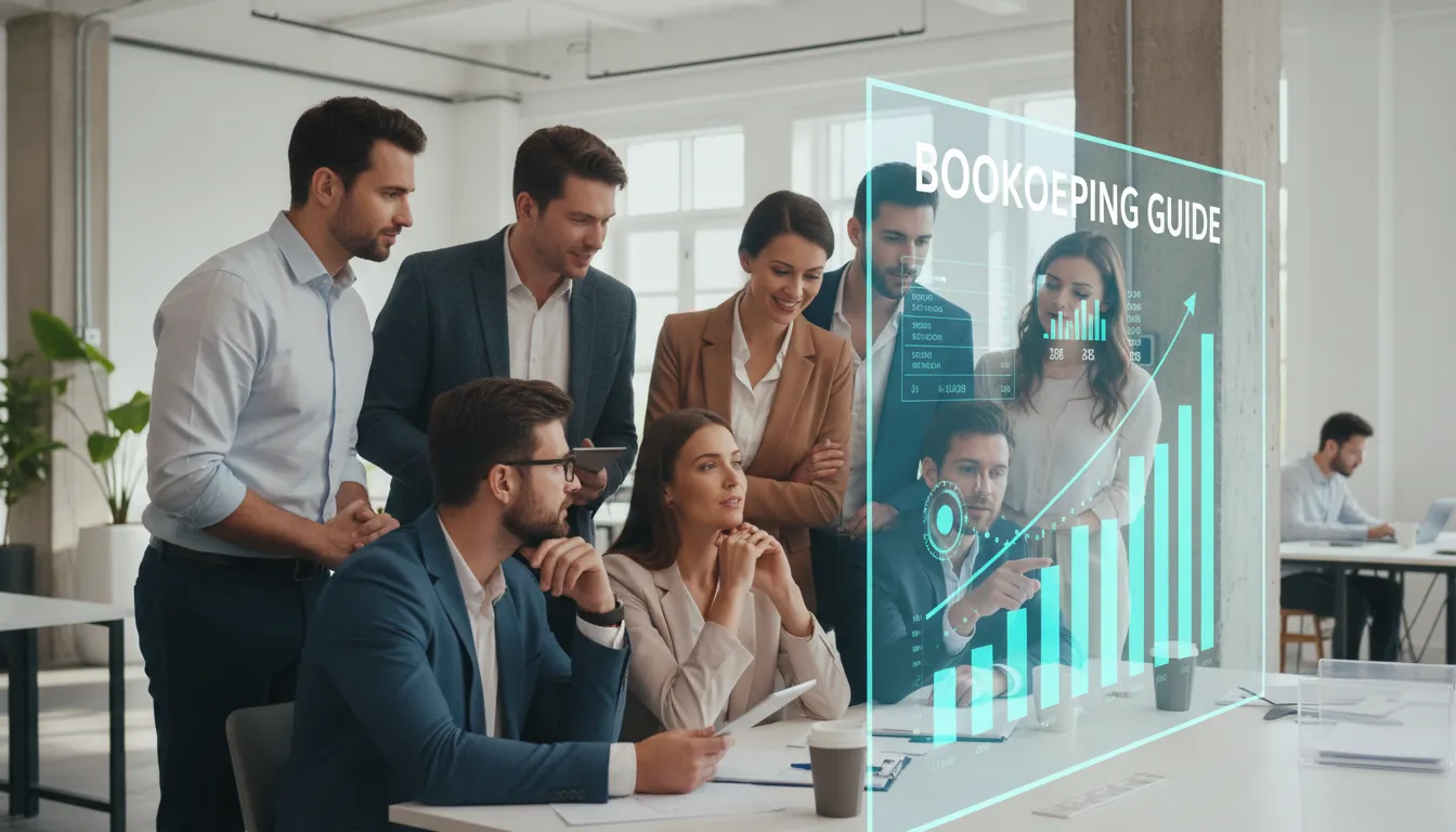 Team of experts analyzing financial data collaboratively, indicating bookkeeping services for small business.