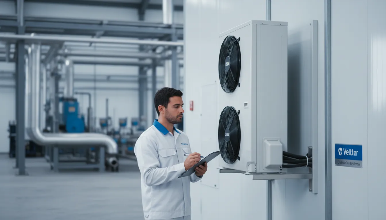 Especialista Veltter inspecionando unidade de refrigeração após manutenção de câmara fria, garantindo máxima performance.