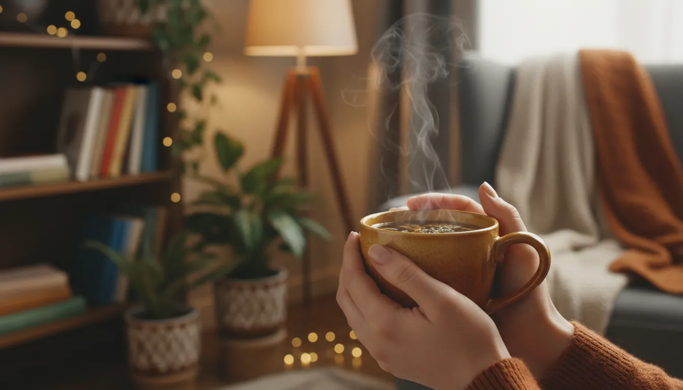 Mãos segurando chá quente em ambiente aconchegante, promovendo relaxamento e mindfulness.