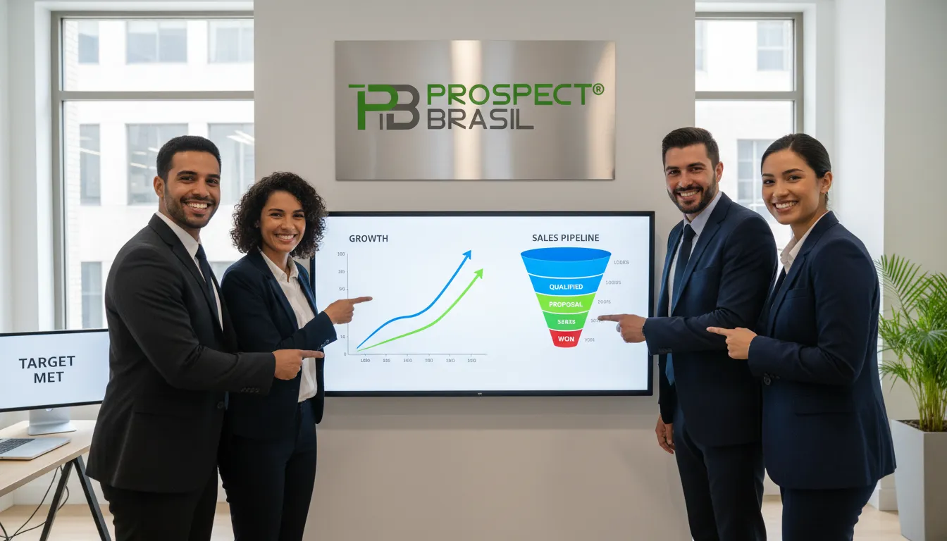Equipe colaborativa celebra o crescimento das vendas B2B, resultado da eficiente geração de leads qualificados.