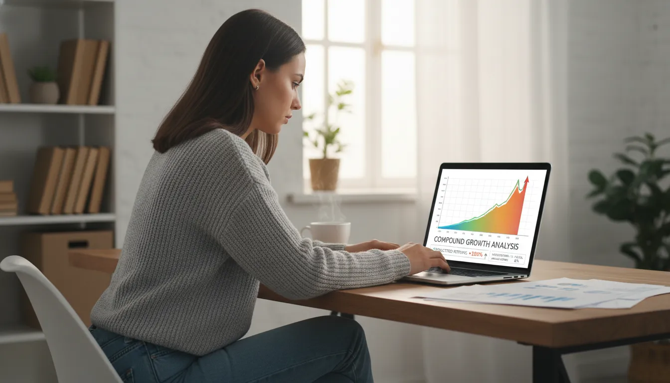 Pessoa analisando curvas de rendimento em tela demonstrando o efeito dos juros compostos ao longo do tempo.