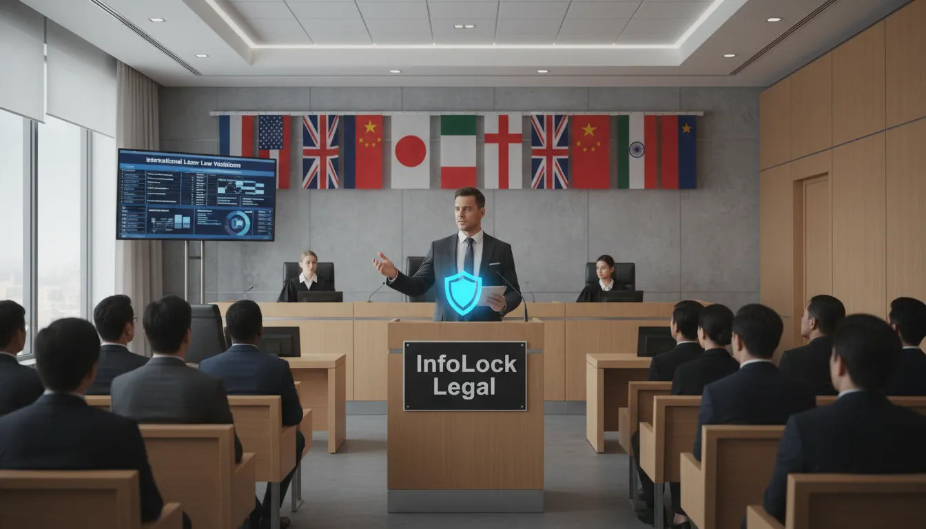 Cena de tribunal com bandeiras internacionais, representando os desafios legais e a conformidade na gestão de cross border workforce, com InfoLock como solução.