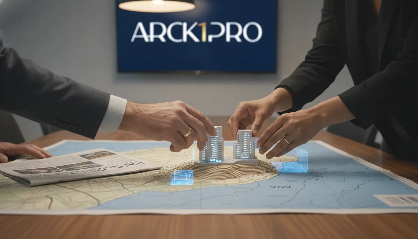 Mãos posicionam maquete em mapa topográfico, ilustrando planejamento ao investir em terreno.