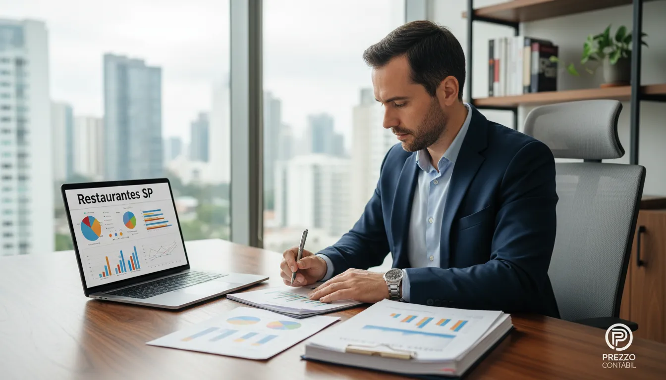 Empresário analisando documentos financeiros em um escritório moderno, com o texto 'Restaurantes SP', ilustrando a contabilidade para restaurantes em São Paulo.