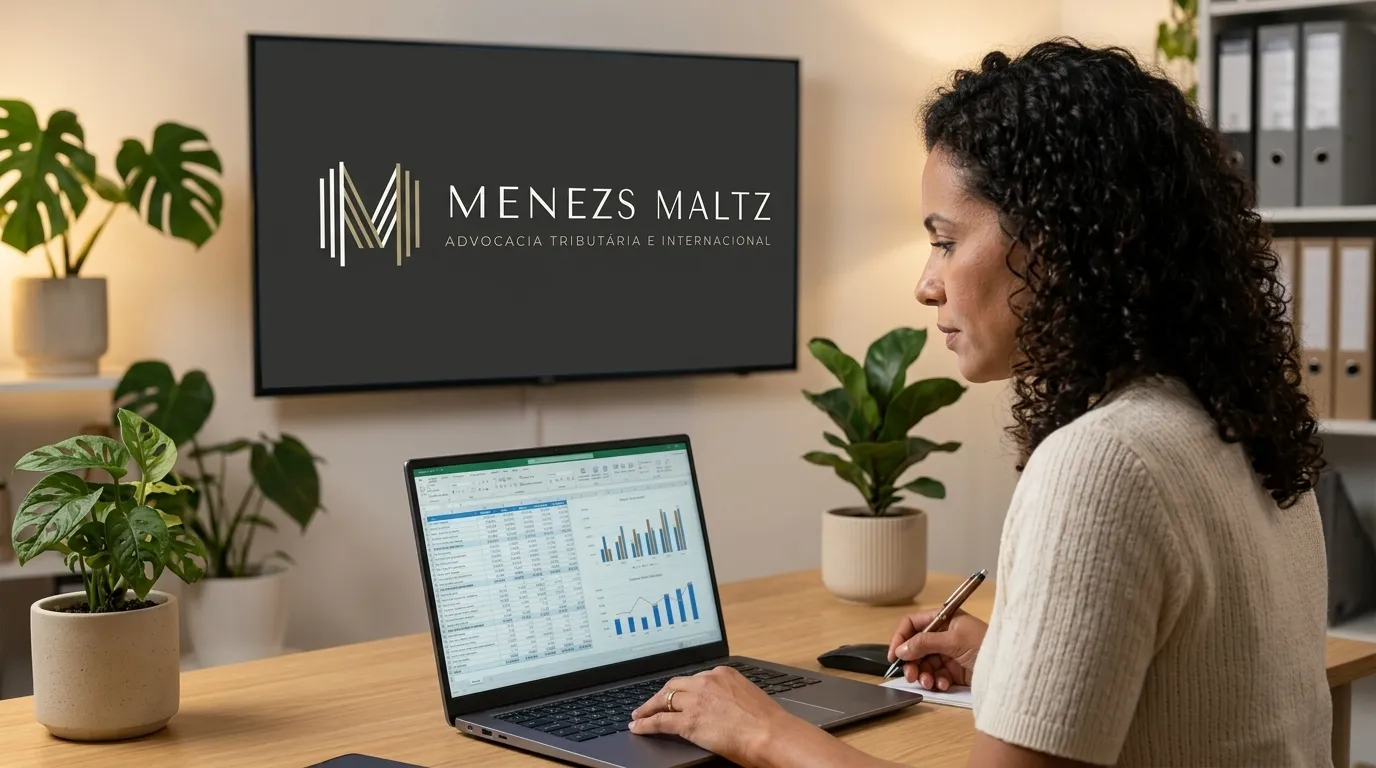 Mulher analisa planilhas financeiras para declarar bens no exterior de forma correta e segura.