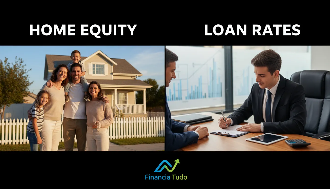 Comparativo visual entre home equity e empréstimo pessoal, mostrando taxas e situações distintas com a Financia Tudo.
