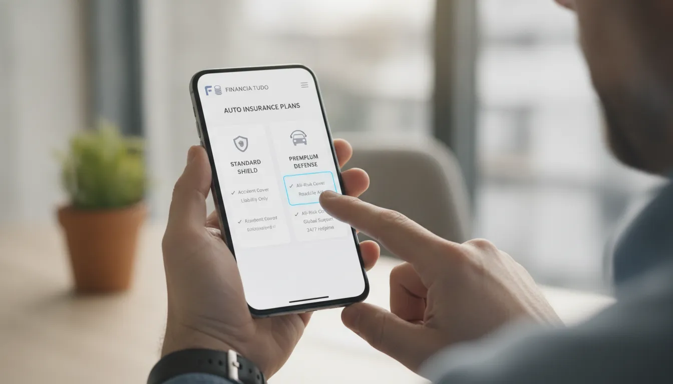 Tela de smartphone exibindo opções de cobertura proteção veicular, incluindo terceiros, na plataforma Financia Tudo.