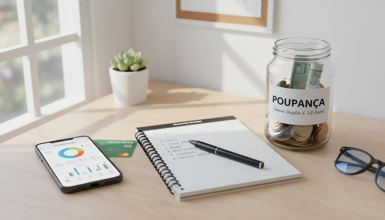 Mesa organizada com caderno, app de orçamento no celular, cartão de crédito afastado e cofre de poupança.