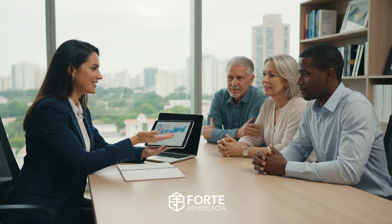 Advogado da Forte Advocacia explicando digitalmente um processo jurídico, transmitindo confiança e clareza para o cliente.