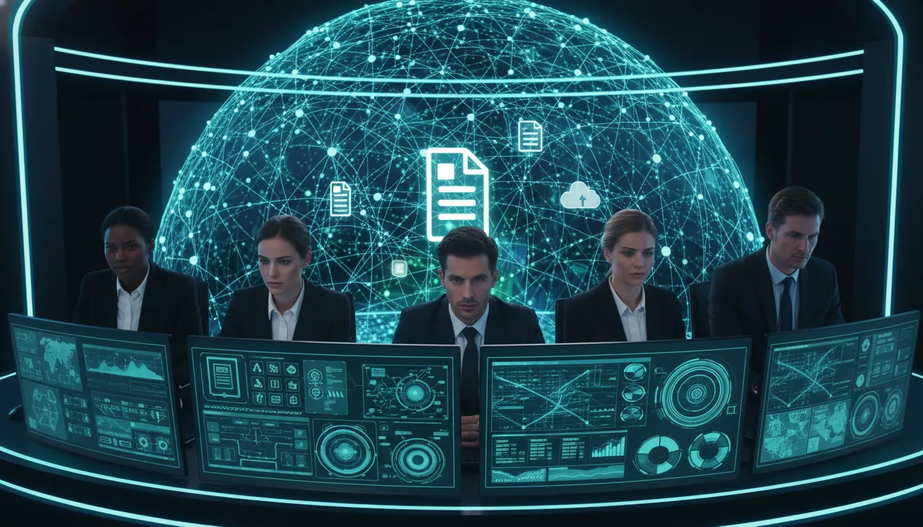 Profissionais monitorando um sistema de segurança de dados complexo, fortalecendo a cultura de privacidade e prevenção cibernética.