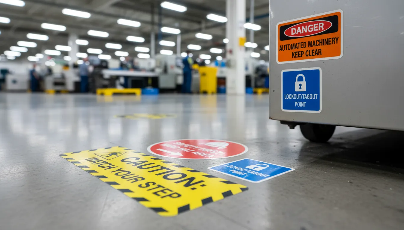 Adesivos de segurança personalizados aplicados em equipamentos e no chão, reforçando a prevenção de acidentes