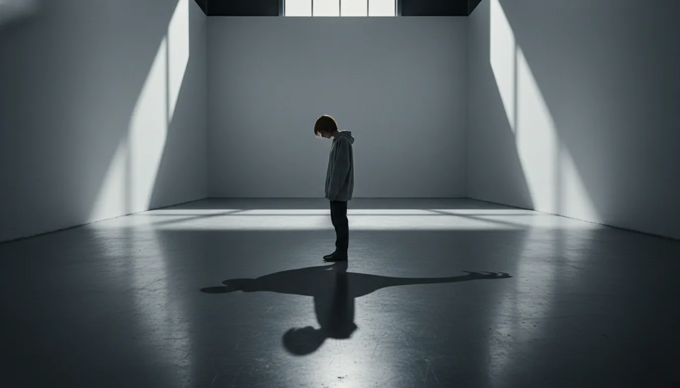 Pessoa em sala vazia, sombra distorcida, simbolizando medo de perder e dependência emocional. Terapia online.