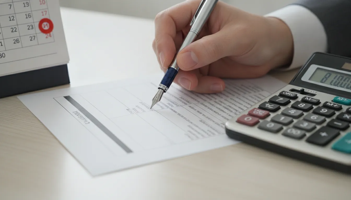 Mão com caneta sobre documento financeiro, calculando quanto o MEI pode faturar e seu limite anual para 2026.