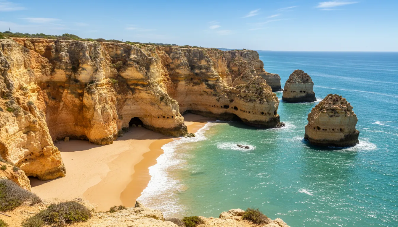 Vista panorâmica da deslumbrante costa do Algarve, Portugal, com suas falésias douradas e águas cristalinas.