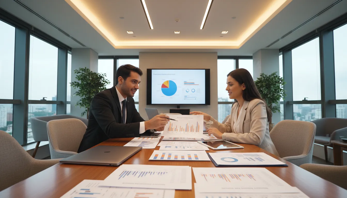 Consultor contábil orientando cliente sobre finanças e carreiras em ambiente de reunião moderno.