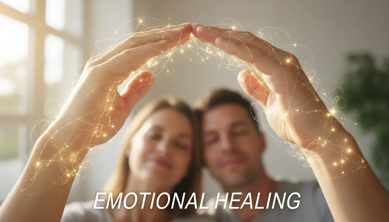 Energia fluindo entre mãos, representando conexão e cura emocional no ThetaHealing