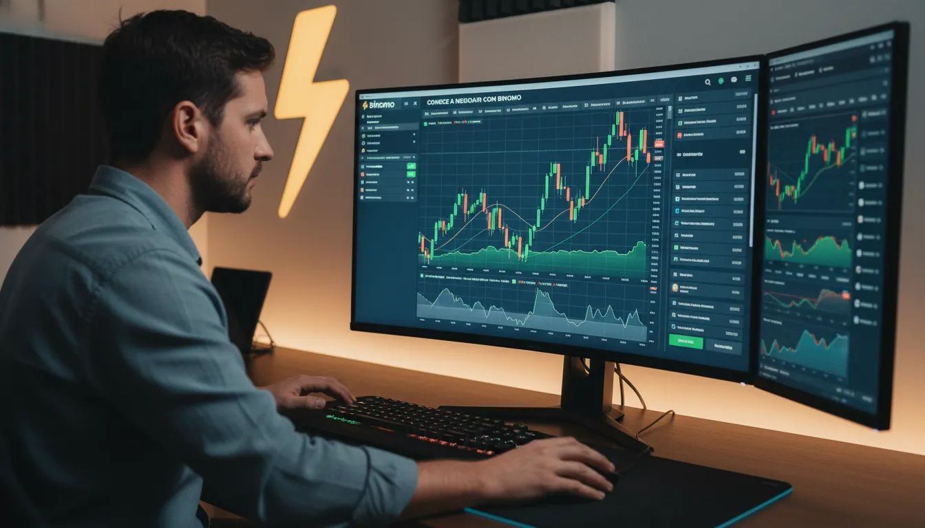 Homem concentrado negociando na plataforma Binomo, com gráficos de investimento, ilustrando como abrir uma conta na Binomo para iniciantes no Brasil e lucrar.