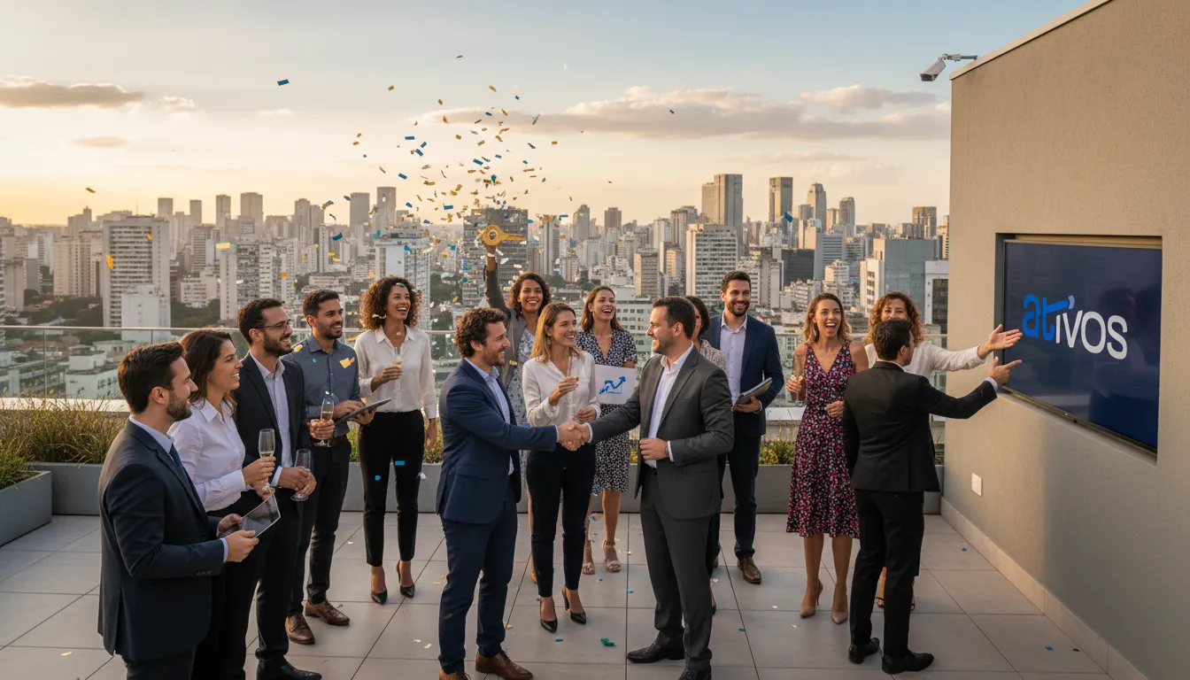 Grupo de pessoas celebrando a liberdade financeira com o horizonte de São Paulo, representando o sucesso na resolução de precatórios TJSP.