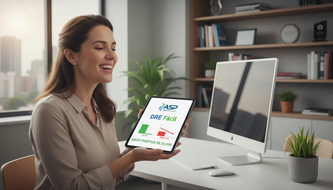 Empresário sorrindo ao ver relatório dre simplificado no tablet com a solução ASP Softwares.