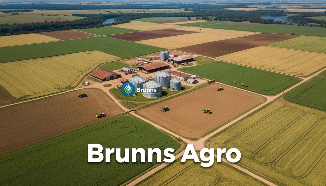 Visão aérea de uma fazenda próspera com o logo da Brunns, destacando a importância do seguro empresarial no agronegócio para proteção de safras.
