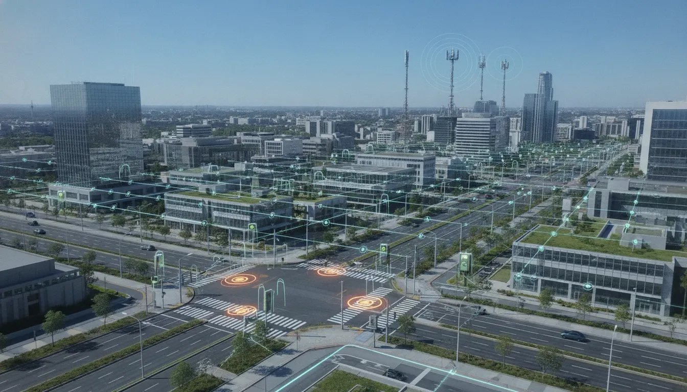 Infraestrutura de cidade inteligente com dispositivos Zigbee e conectividade celular Datatem para IoT.
