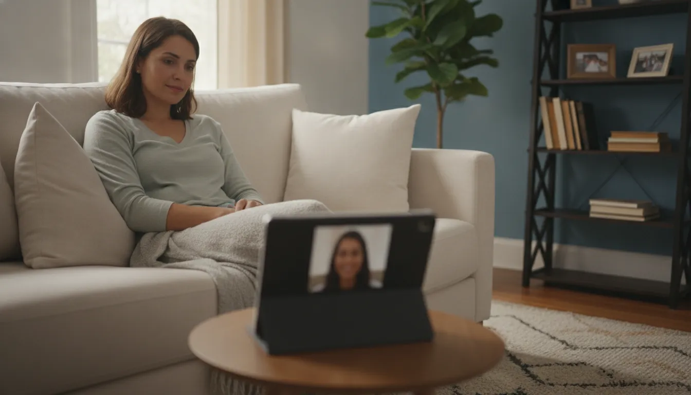 Pessoa em terapia online, conversando com profissional. Um passo para lidar com pensamentos intrusivos.