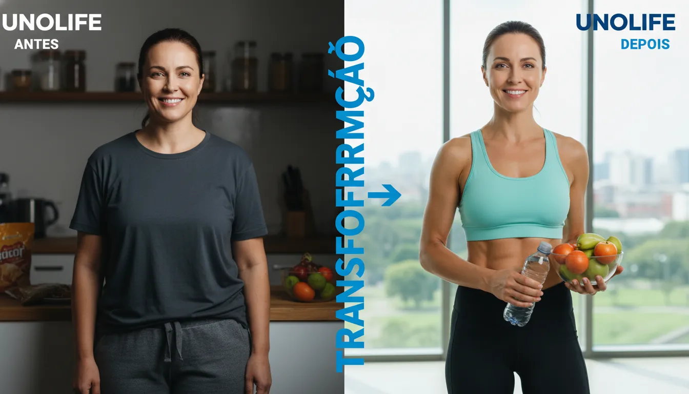 Fotos 'antes' e 'depois' de pessoa que emagreceu com a ajuda de nutricionista para obesidade, destacando mudanças positivas na saúde e aparência. Unolife Transformação.