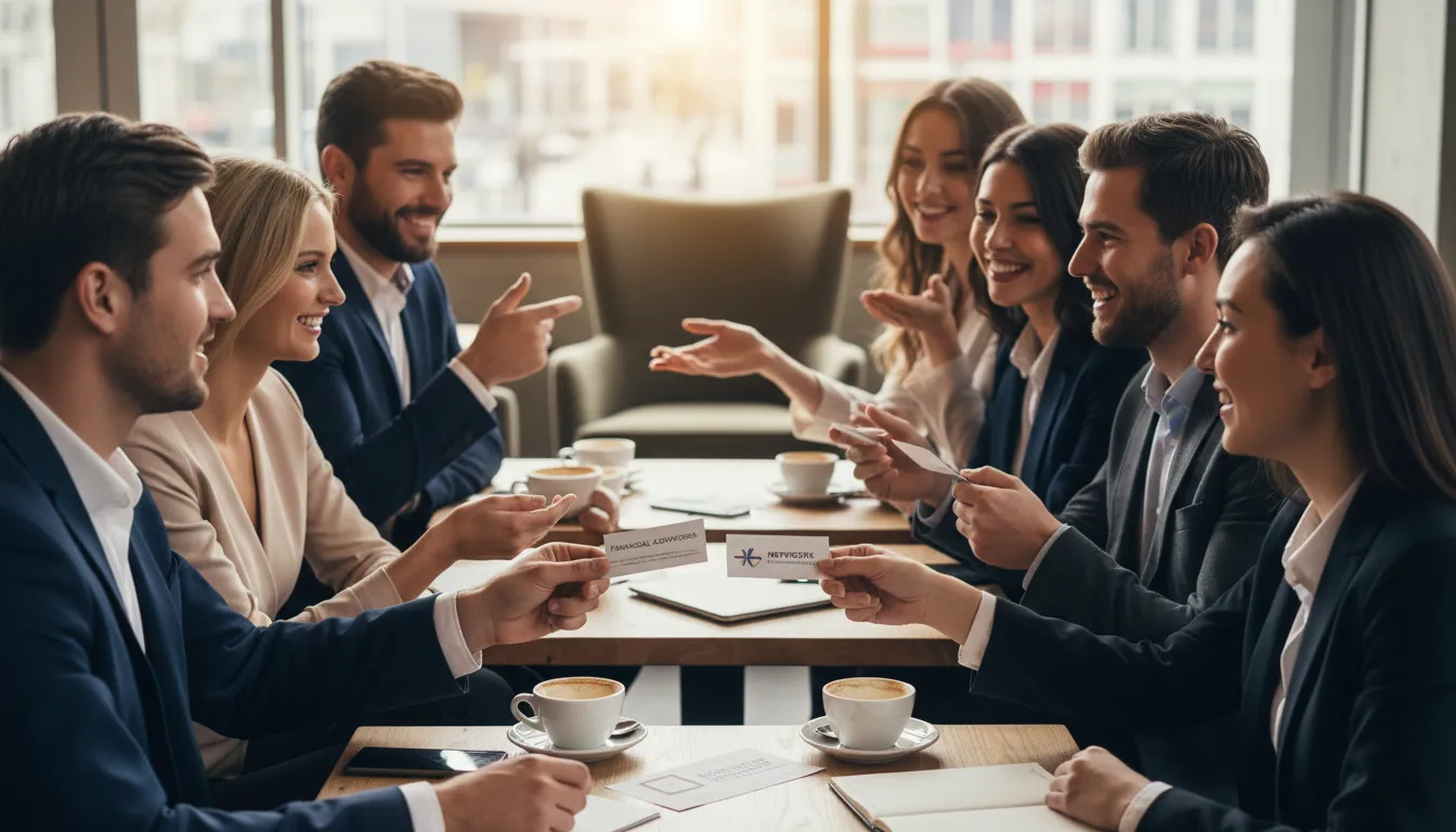 Grupo diversificado reunido em café trocando contatos para oportunidades de indicação financeira