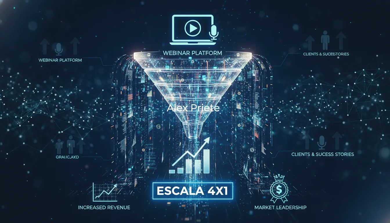 Representação abstrata de um Funil de Webinário digital, mostrando fluxo de dados convergindo para aumento de receita e liderança de mercado, associado à consultoria Alex Priete; Funil de Webinar.