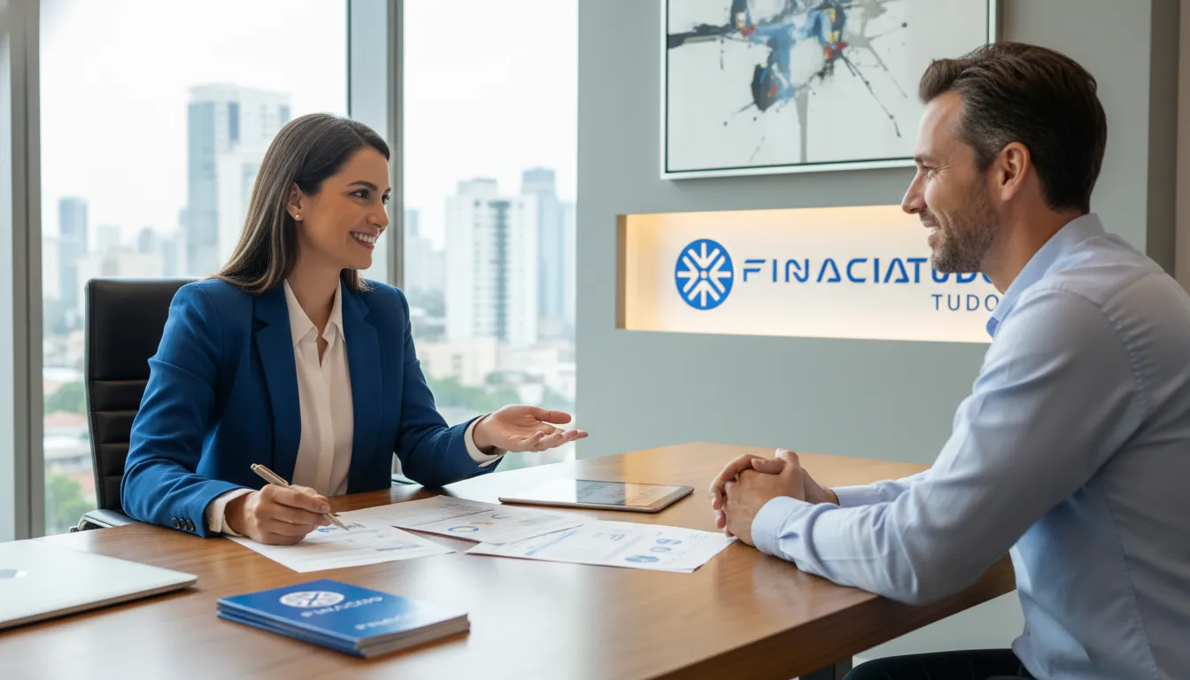 Consultor financeiro explicando opções para renegociar dívidas bancárias, transmitindo confiança e alívio.