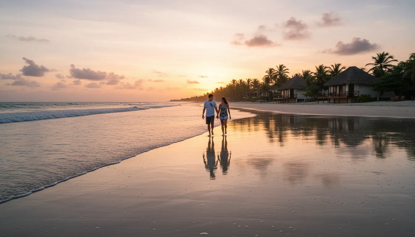 Casal caminhando na praia de Maragogi ao pôr do sol, mostrando quando Maragogi vale a pena para uma experiência romântica.
