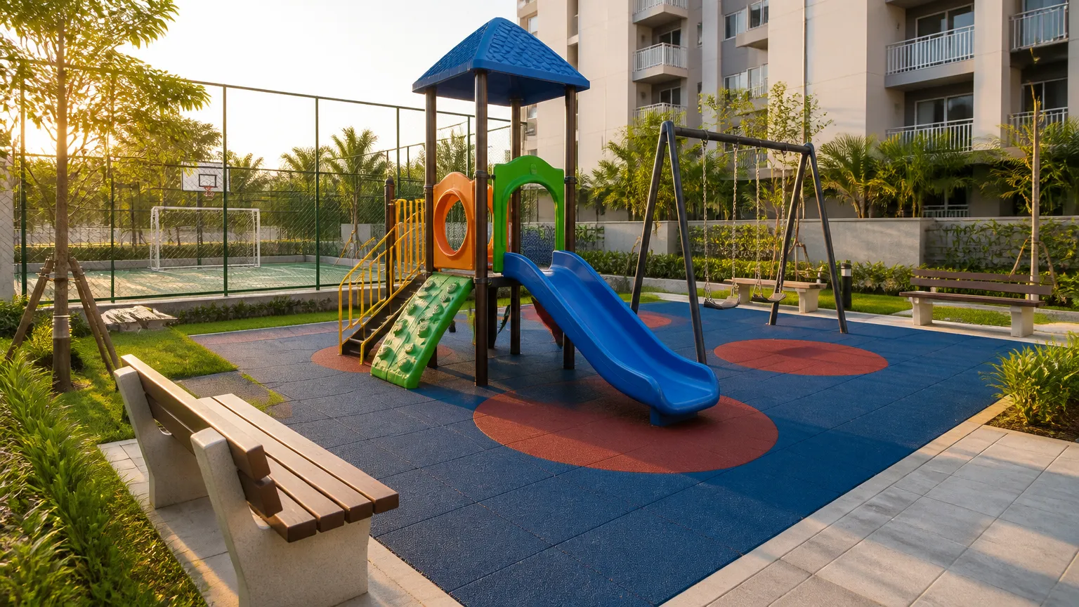 Espaço infantil revitalizado após financiamento de áreas de lazer condominiais em condomínio.
