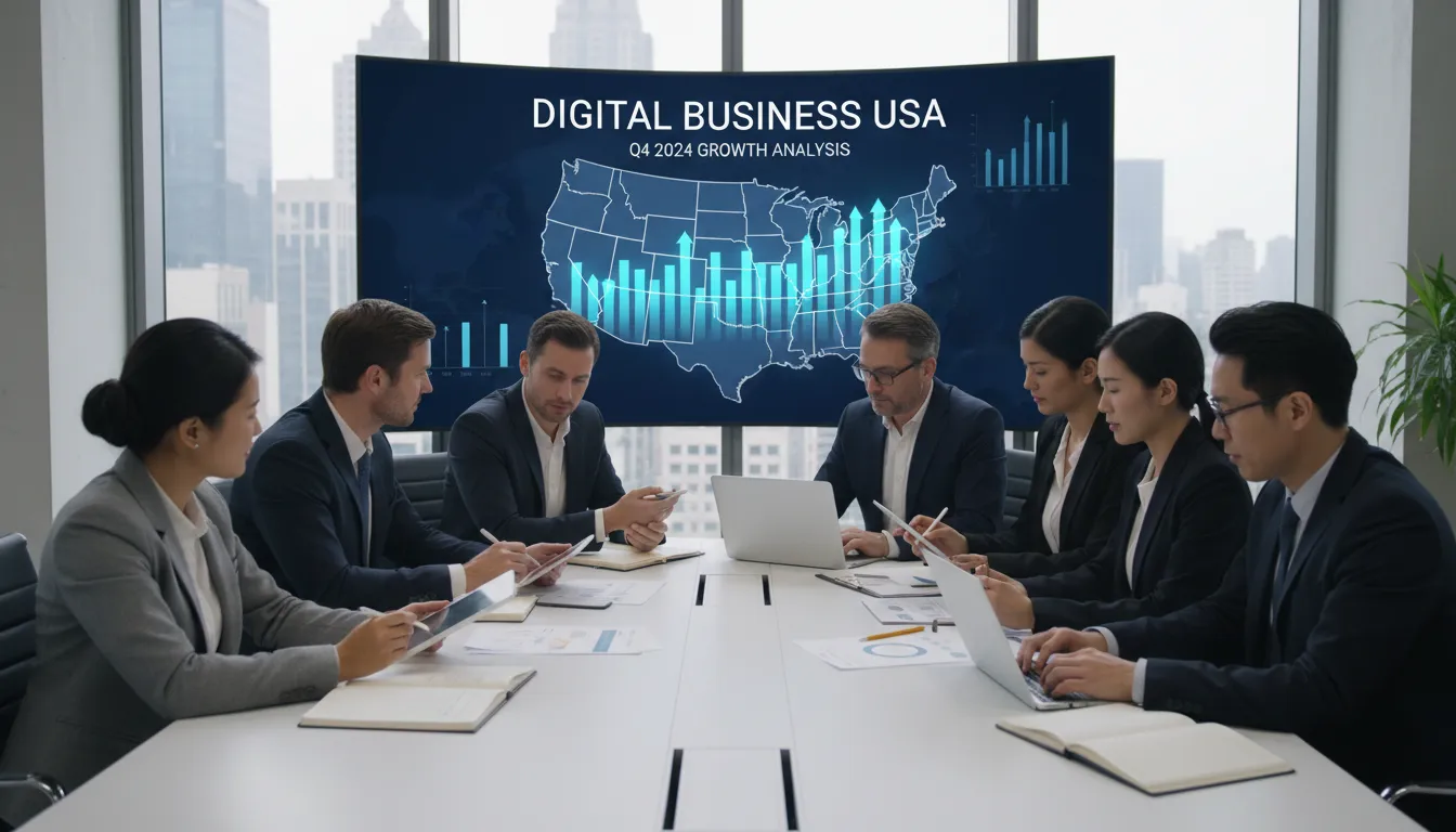 Equipe analisando dados financeiros nos EUA, representando a abertura de empresa nos eua para produtores digitais.