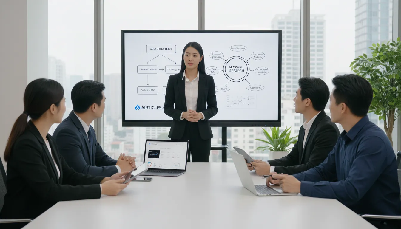 Consultor apresenta estratégias SEO para equipe usando quadro digital e dispositivos com elementos da Airticles.ai.