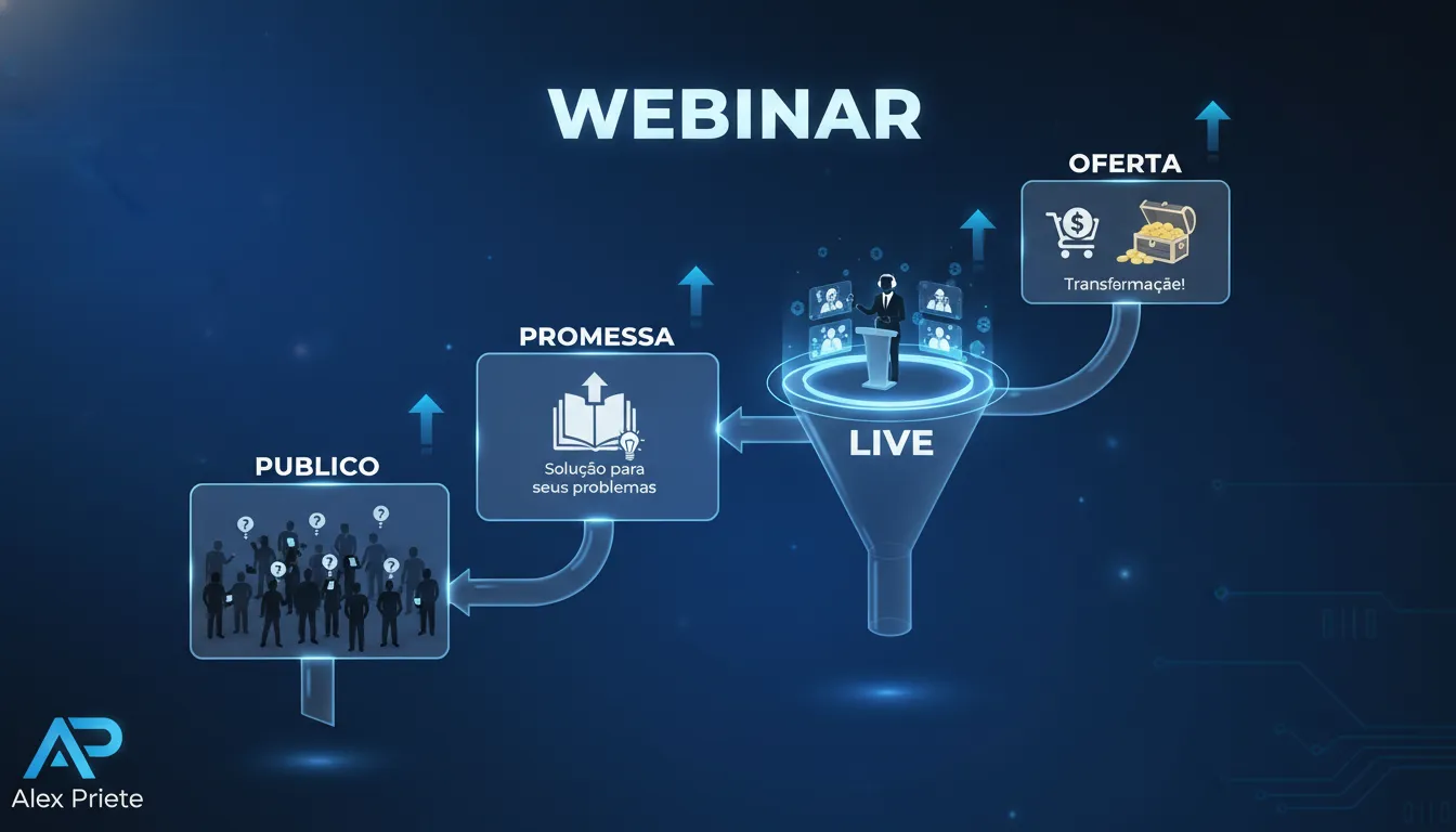 Diagrama detalhado de um funil de webinar 4x1, essencial para um Curso de Marketing Digital, destacando como Vender Curso On Line de forma eficiente.