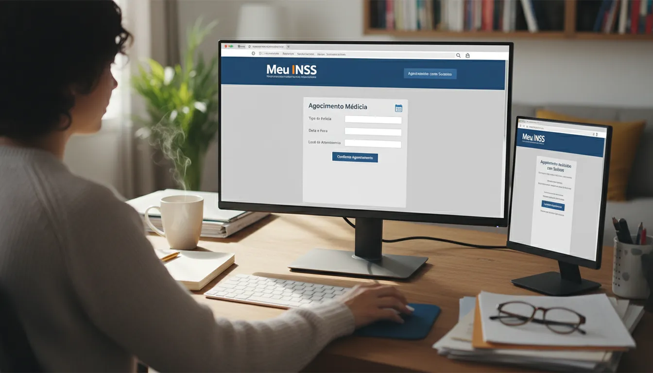 Pessoa acessando o portal Meu INSS para agendar perícia do auxílio-doença em ambiente doméstico