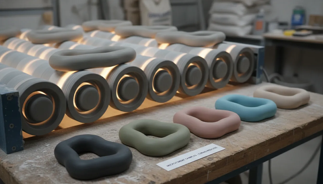 Detalhe de esteira com rolos espirais curando revestimento decorativo de microcimento em diferentes cores.