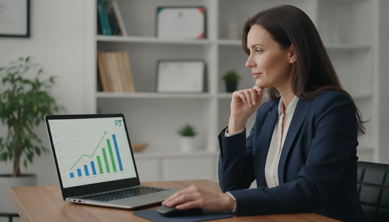 Dentista confiante analisando dashboard financeiro, simbolizando sucesso com crédito para clínica.
