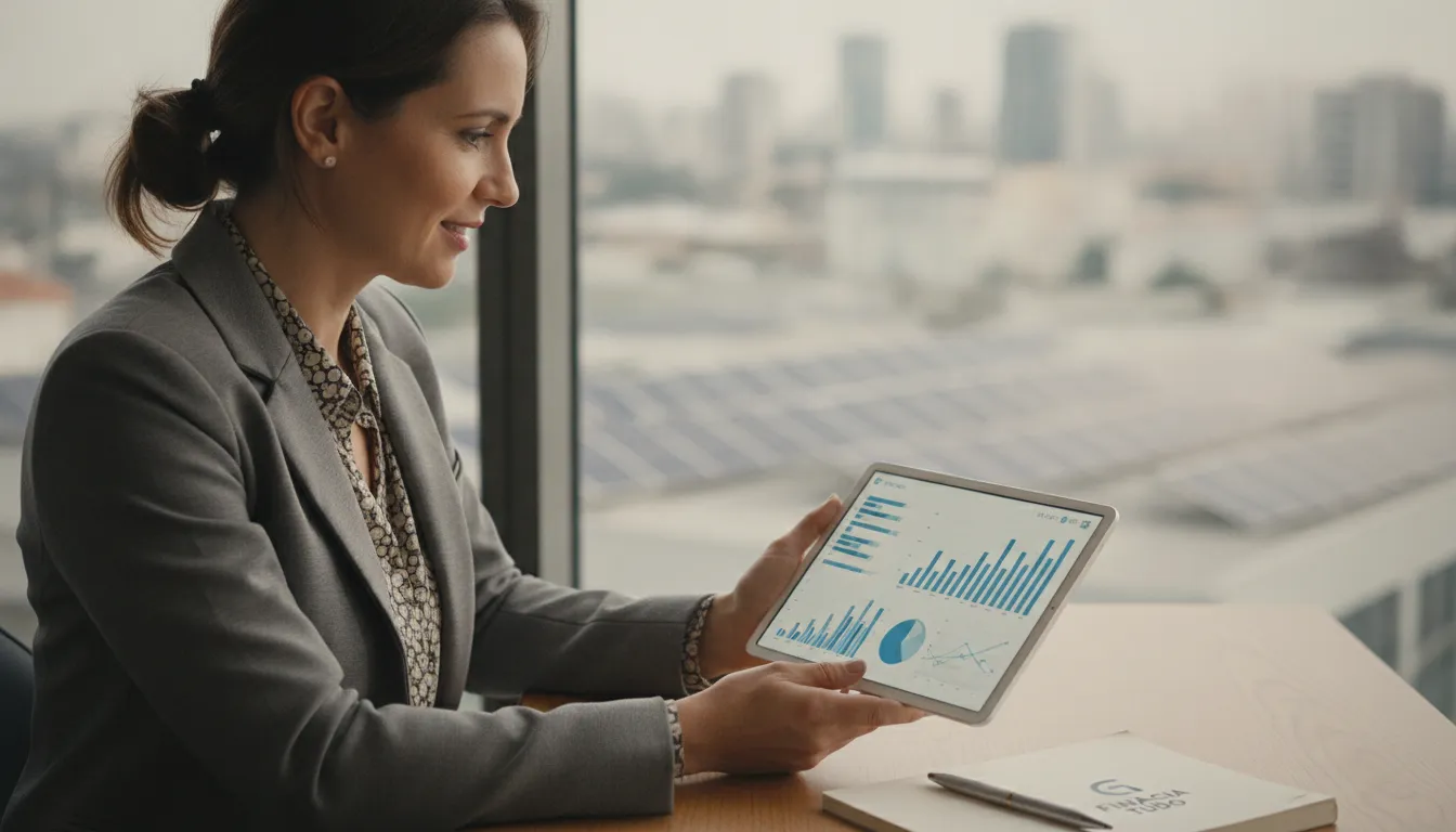 Mulher empresária analisando economia com energia solar por assinatura para empresas, planejamento financeiro.