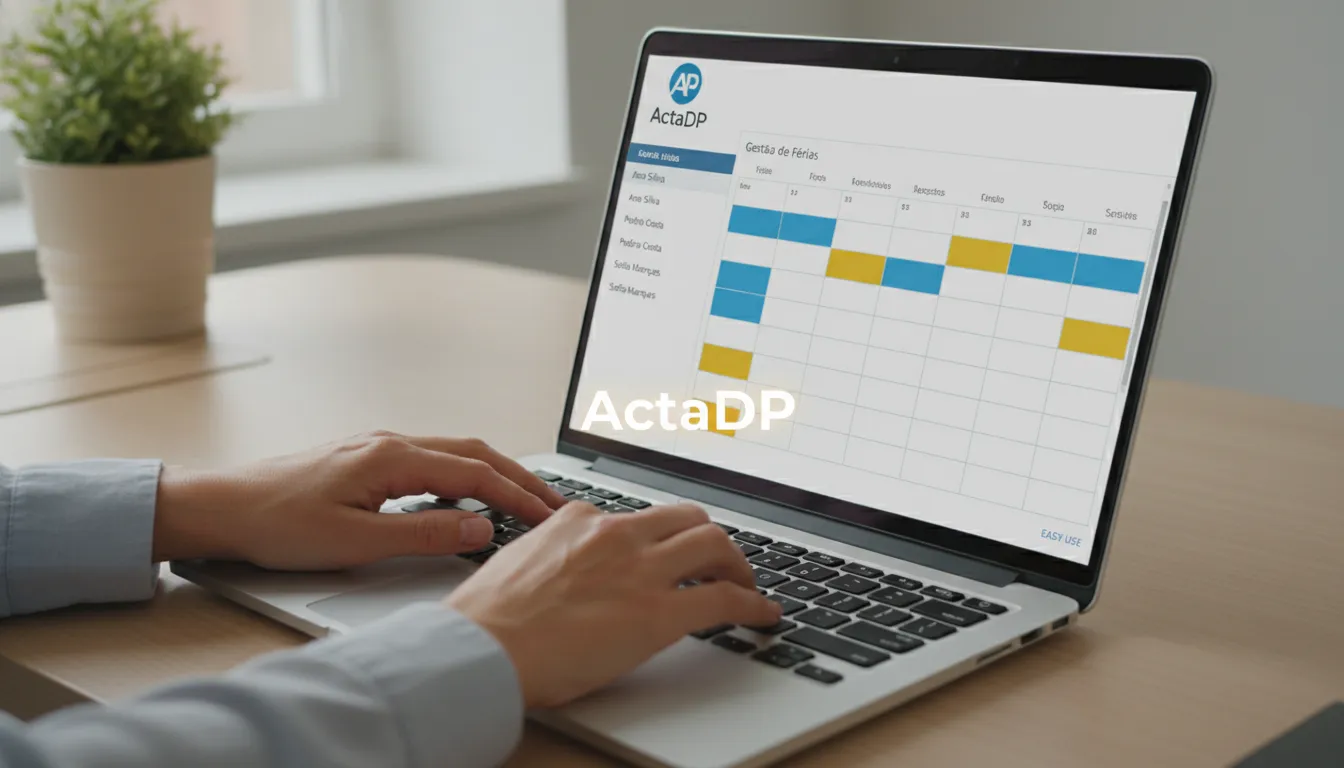 Mãos digitando em laptop com sistema departamento pessoal ActaDP, gerenciando férias de forma eficiente.