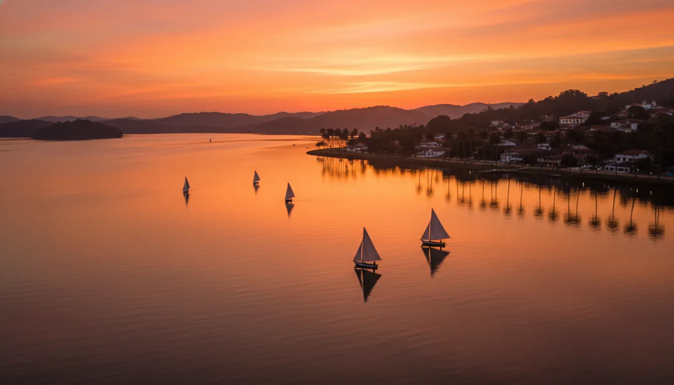 Pôr do sol pitoresco na Lagoa da Conceição, um refúgio sereno perto das praias Florianópolis Floripa, com cores vibrantes.