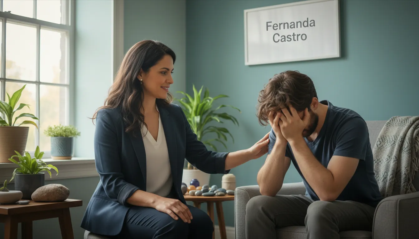 Psicóloga Fernanda Castro oferece apoio a um cliente que demonstra sinais de esgotamento emocional, em um ambiente de consultório acolhedor.