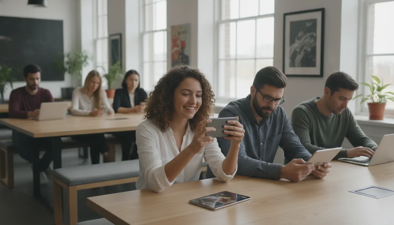 Grupo de profissionais interagindo com conteúdo digital, um deles engajado com vídeo em meta ads.