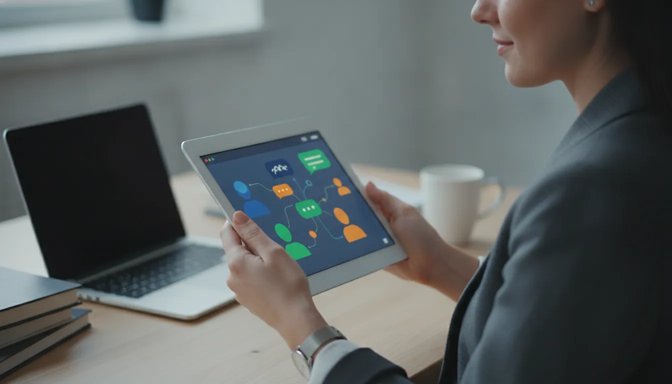 Jovem empreendedora assiste a um vídeo animado explicativo em tablet, compreendendo facilmente uma solução complexa.