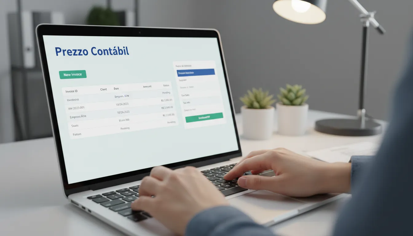 Close-up de mãos digitando em um laptop, mostrando uma interface amigável para gerenciar a emissão de nota fiscal de serviço eletronica nacional.